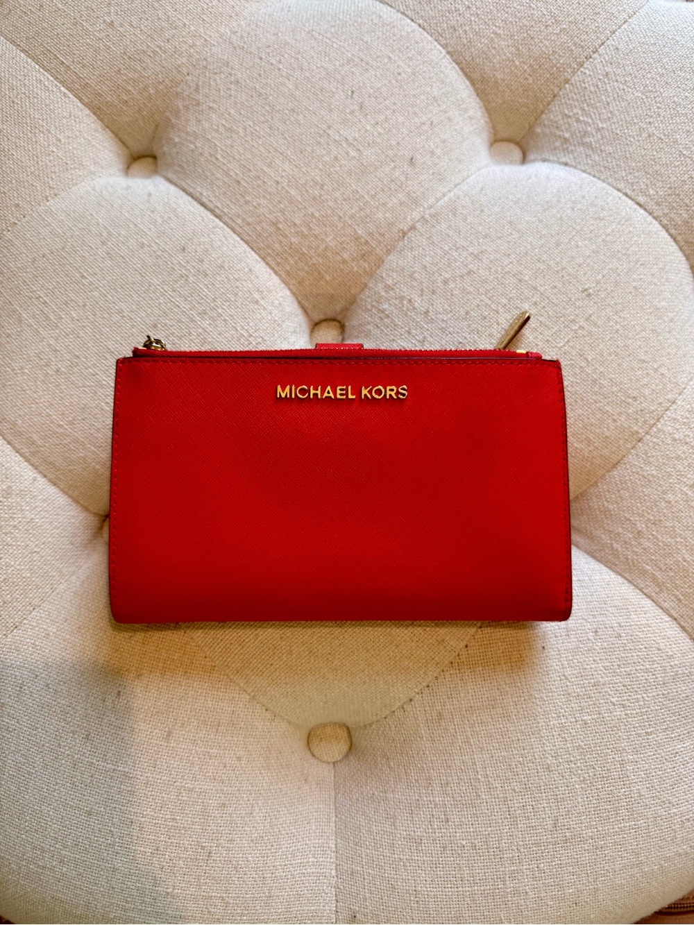 Michael Kors Red Saffiano Zip Wallet with Gold Logo